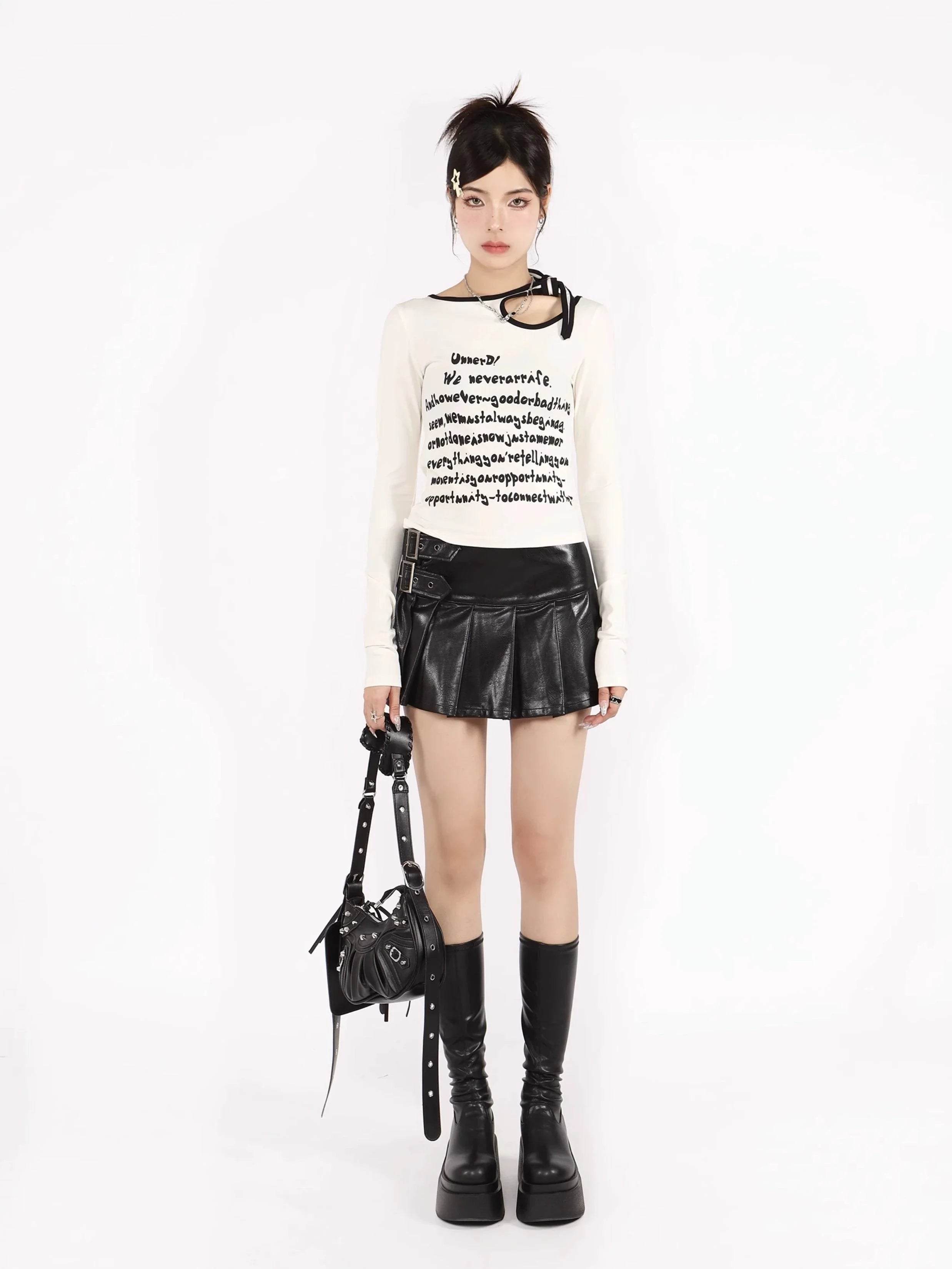 Buckled Leather Pleated Mini Skirt