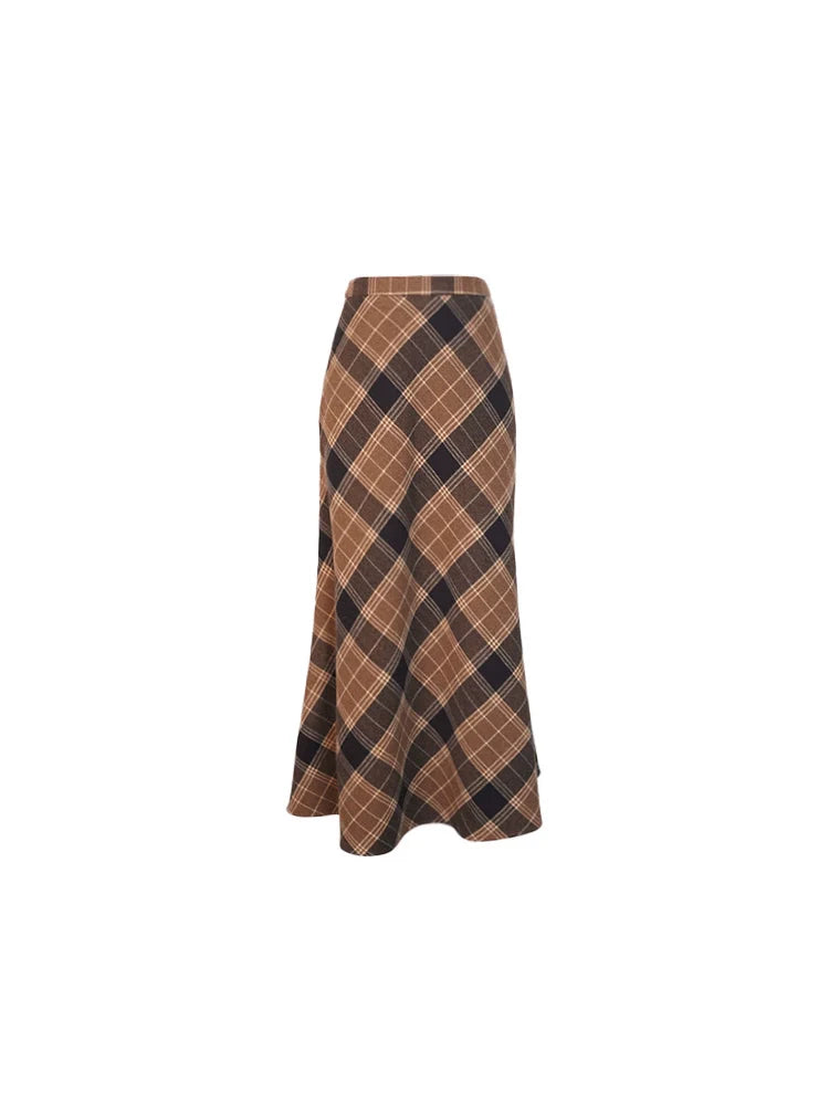 Brown and Black Plaid A-Line Maxi Skirt