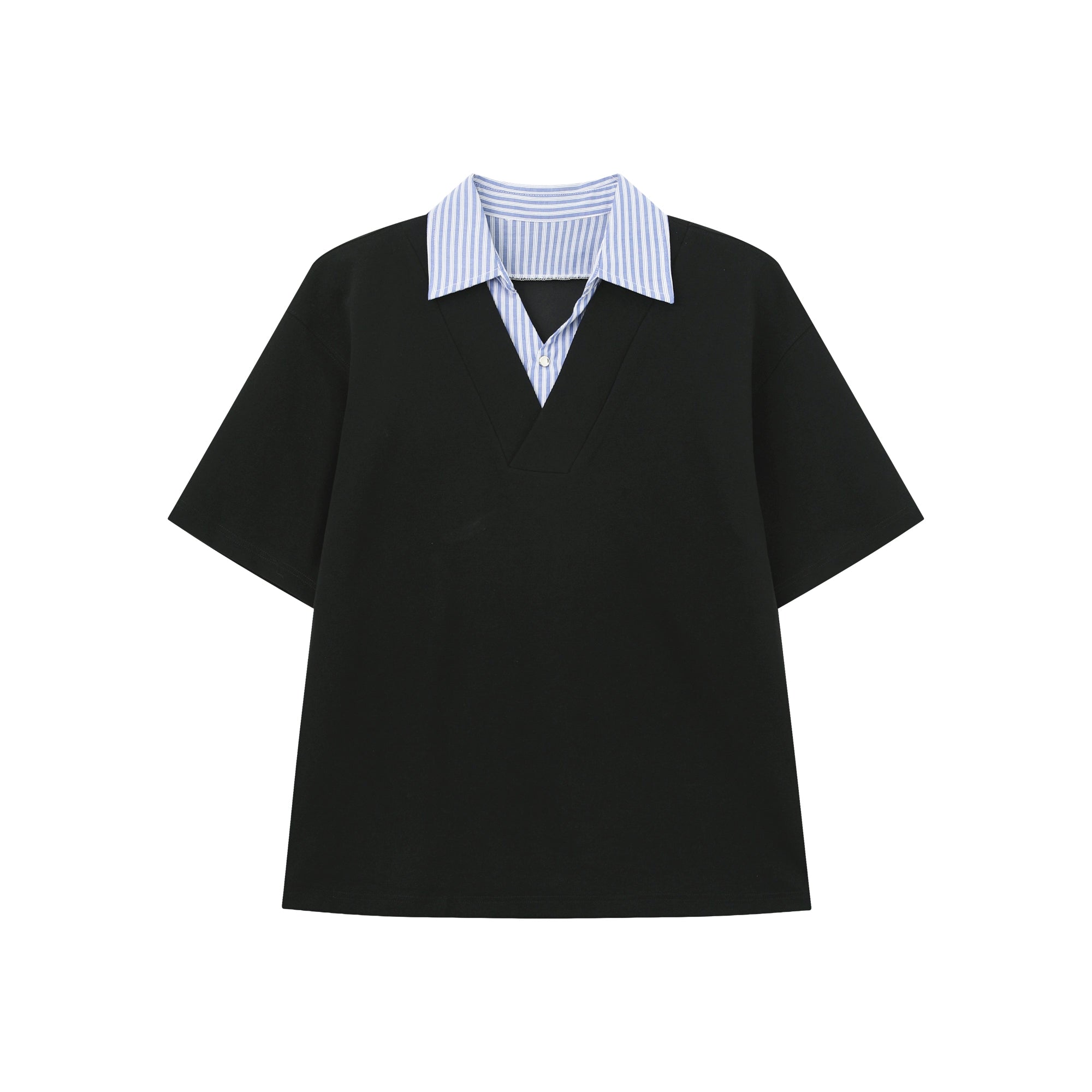 T-shirt with Faux Layered Blue Striped Shirt Collar and Placket