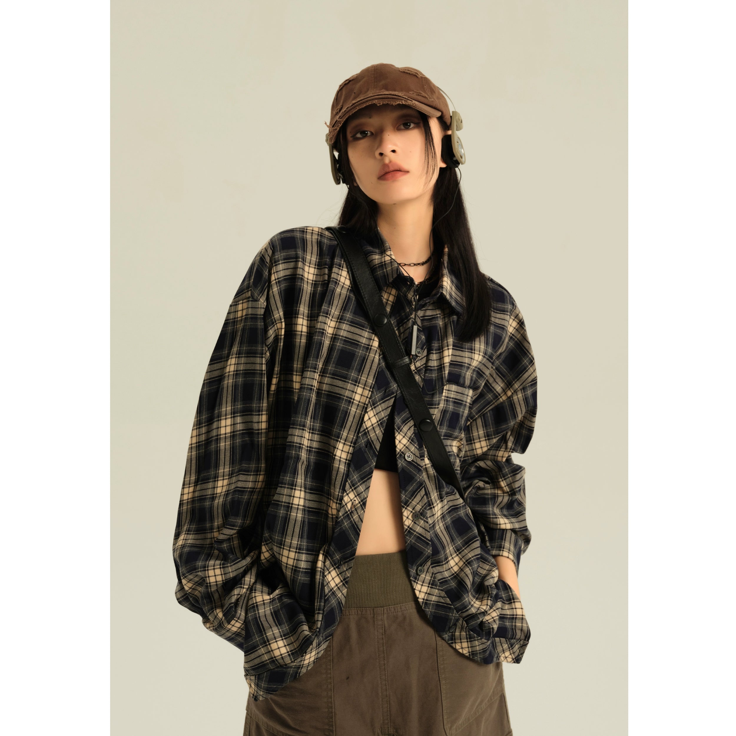 Oversized Navy Plaid Button Up Shirt