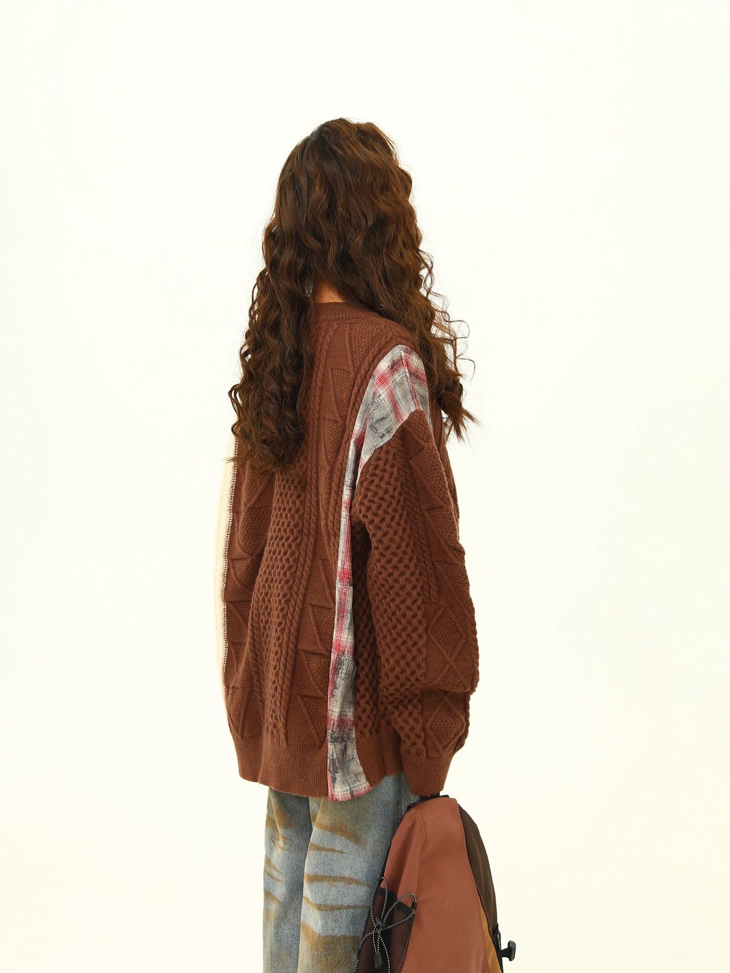 Patchwork Knit and Plaid Sweater