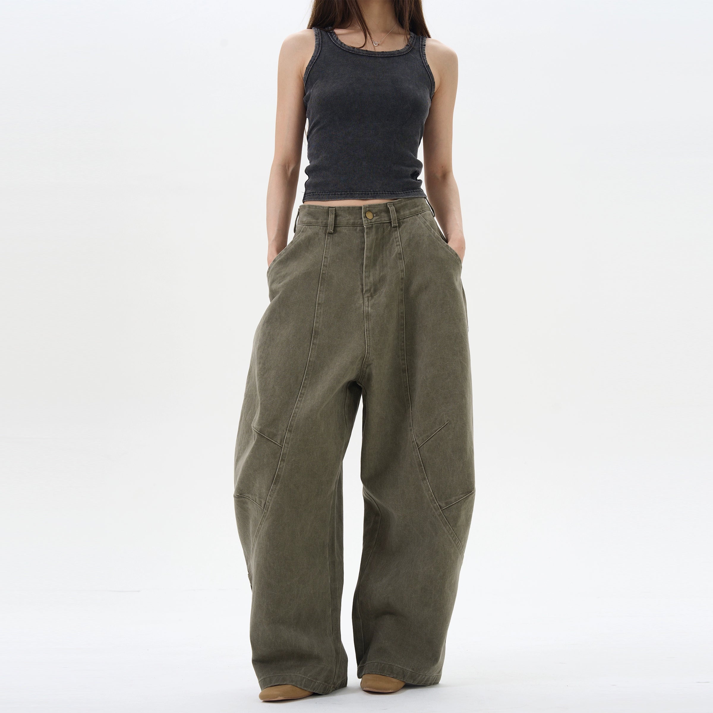 Olive Wide-Leg Cargo Chain Pants