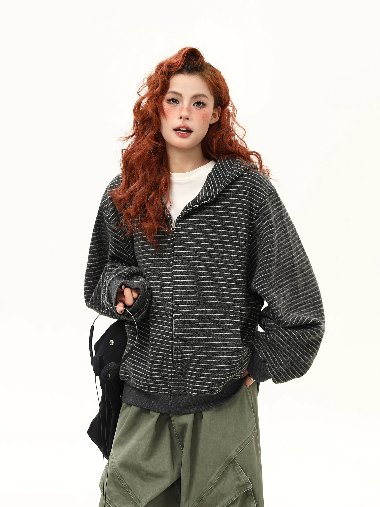 Oversized Striped Fleece Zip-Up Hoodie