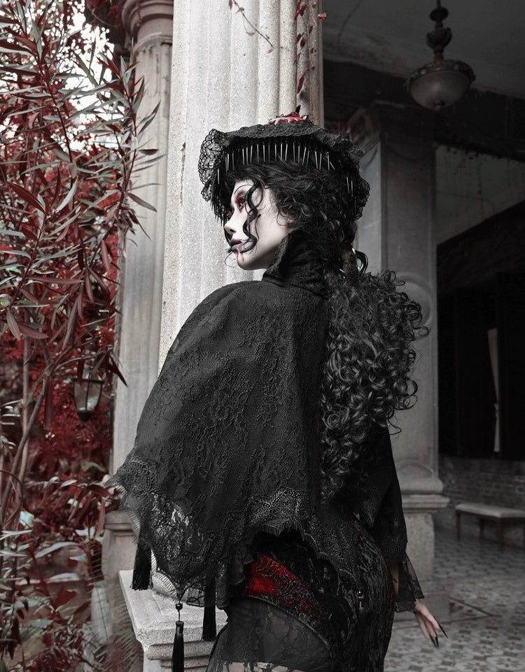 Gothic Lace High Collar Cape with Tassels