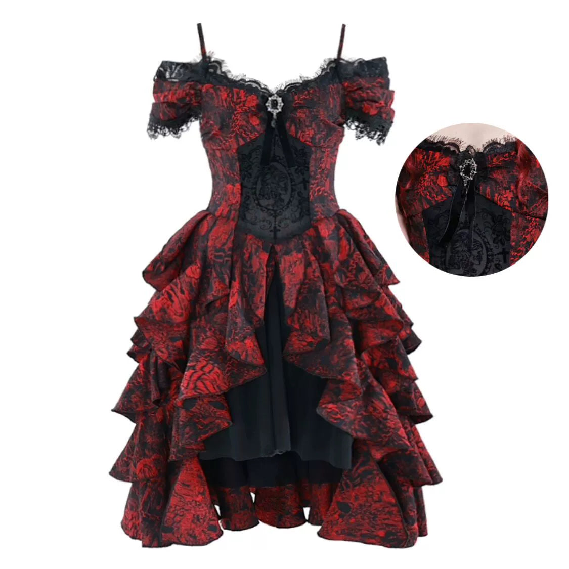 Gothic Red Layered Ruffle Ball Dress