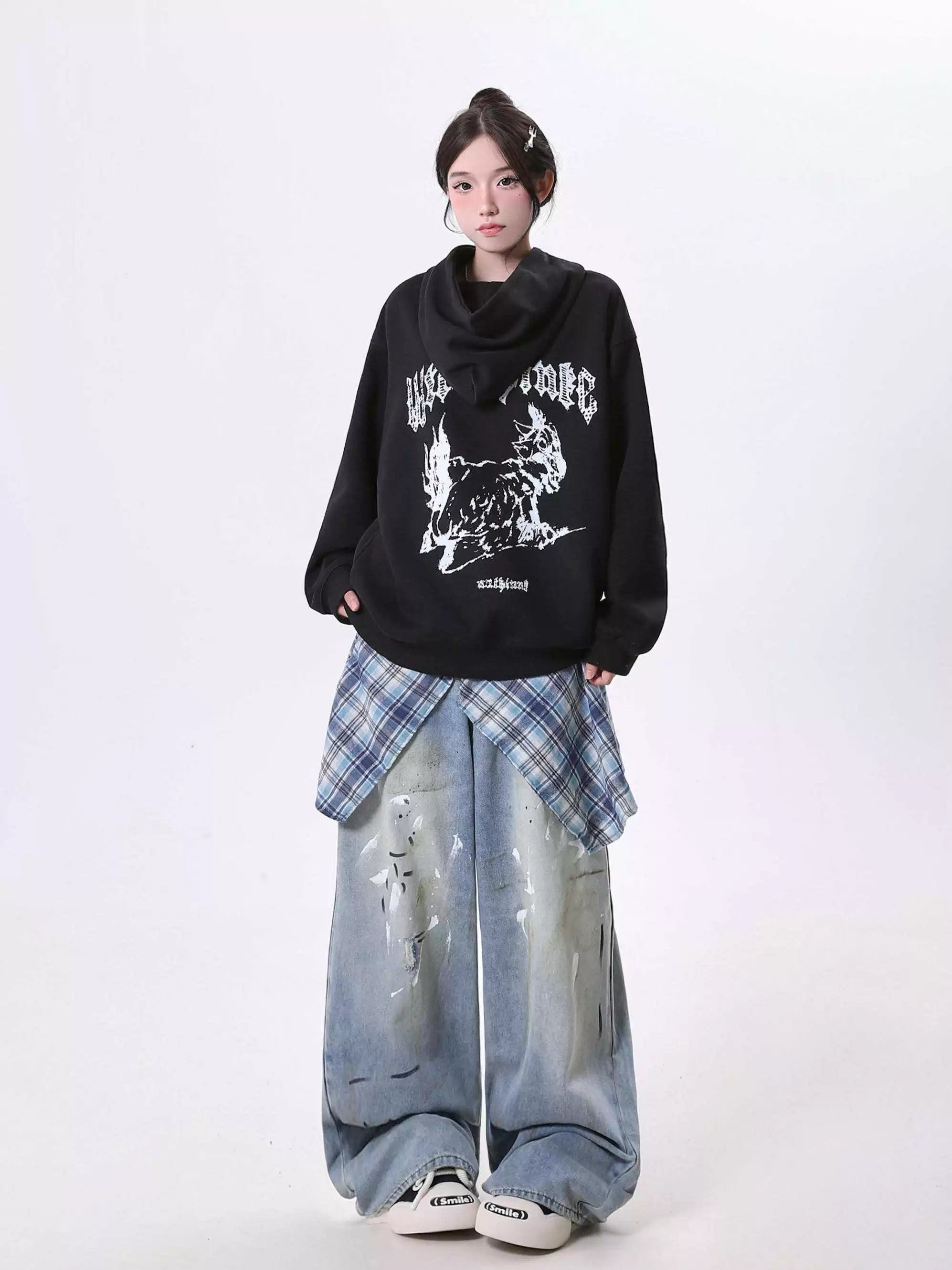 Plaid Wrap Distressed Wide Leg Jeans