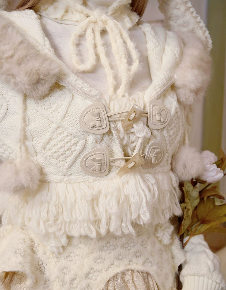 Ivory Fur-Trim Cable Knit Cropped Cardigan