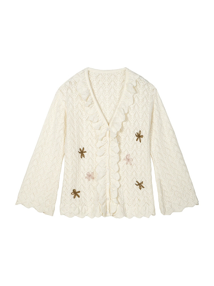 Embroidered Ruffle Trim Knit Cardigan and Skirt Setup
