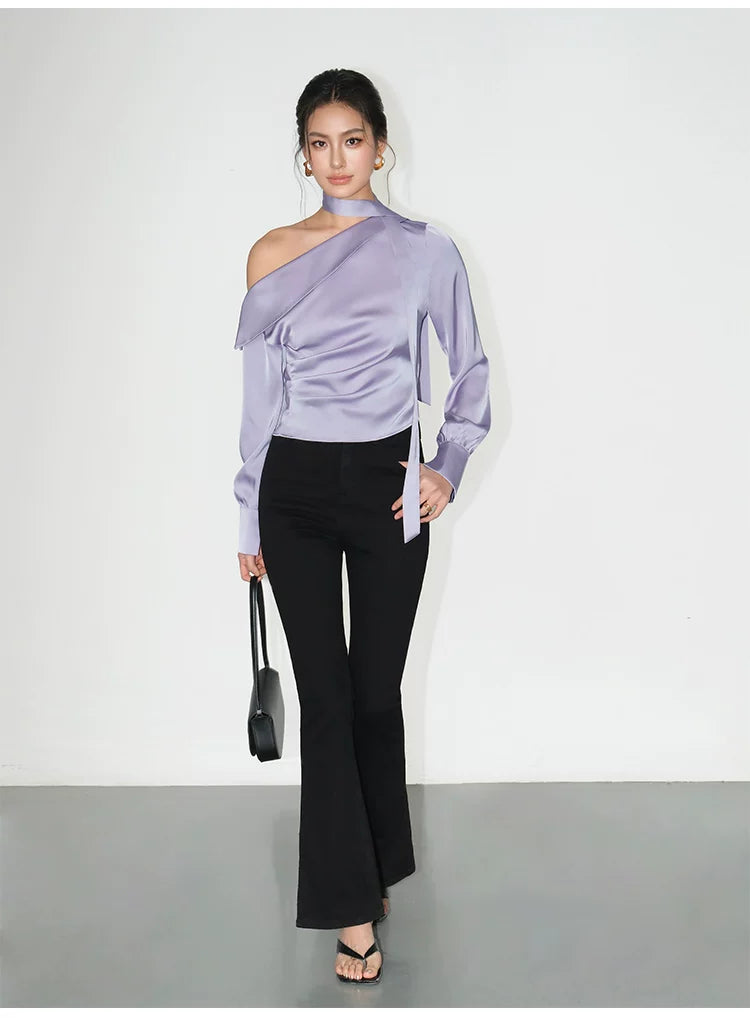 Asymmetric Choker Satin Ruched Blouse