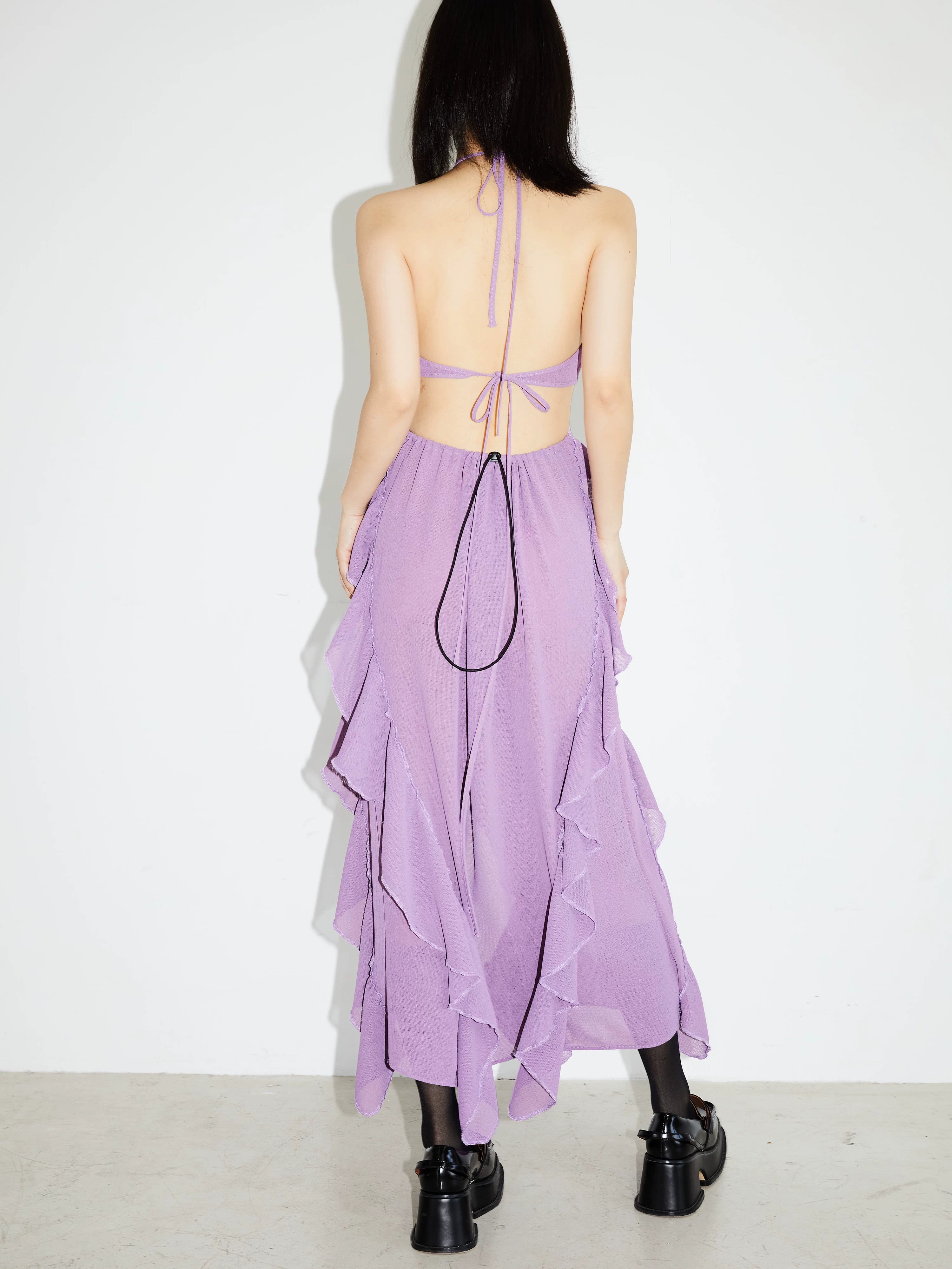 Lavender Ruffle Cutout Maxi Dress