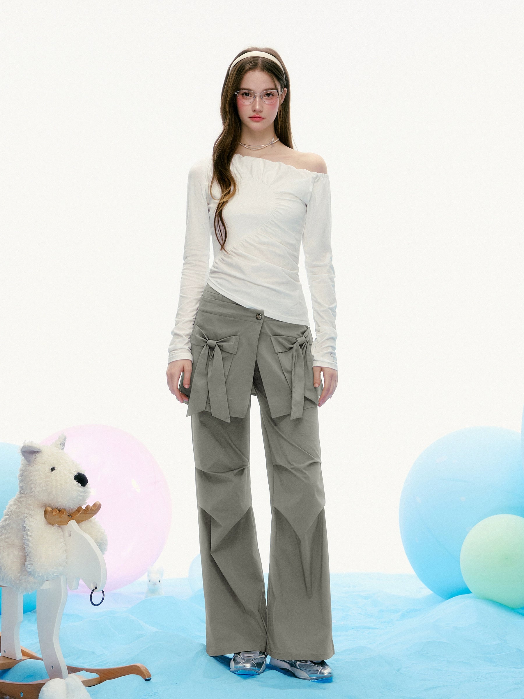 White Asymmetrical Long Sleeve Top with Diagonal Seam Detail