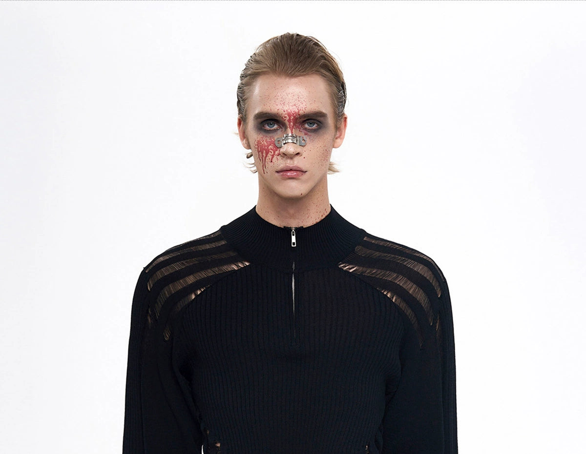 Sheer Panel Ribbed Knit Sweater