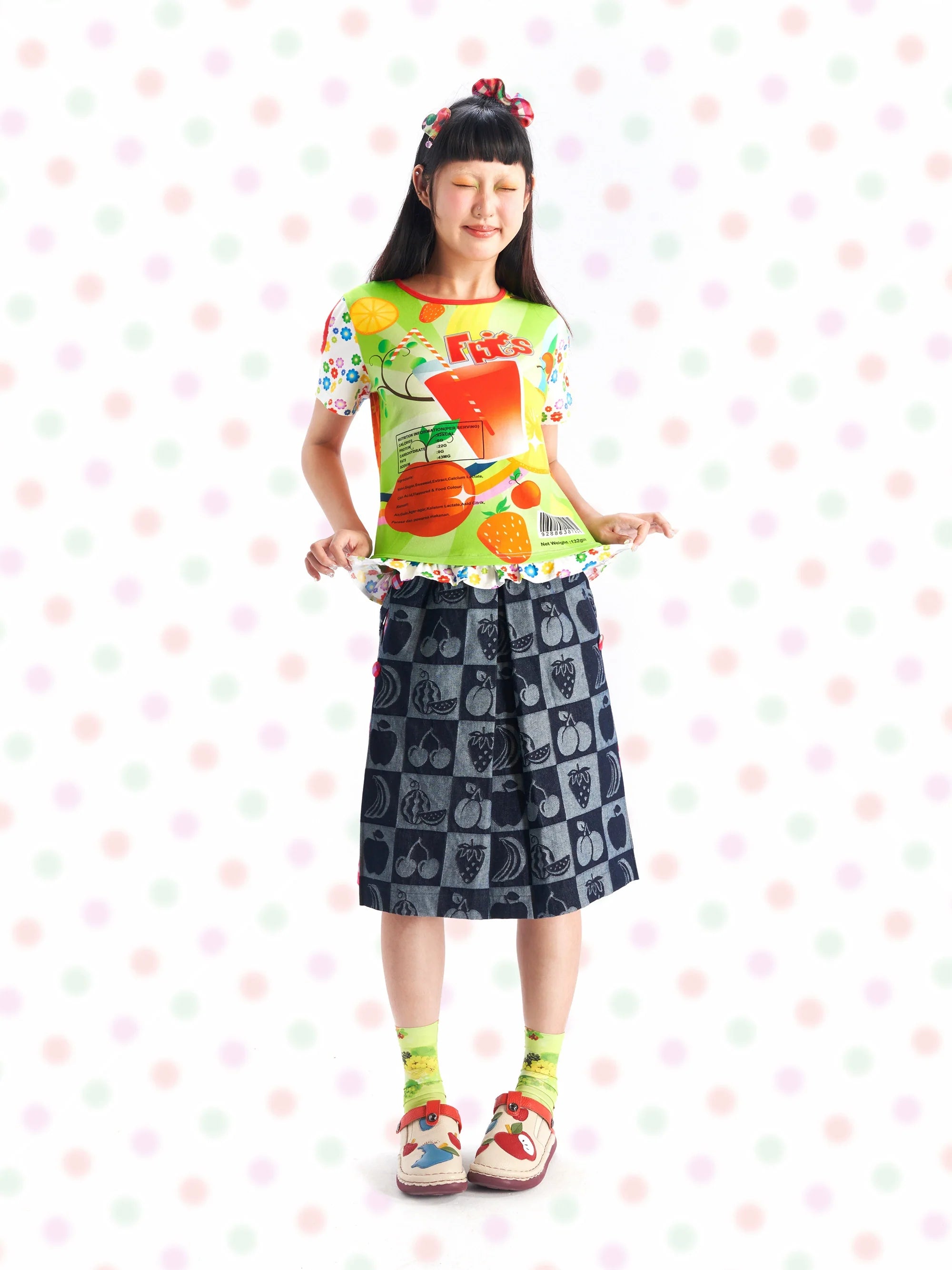 Checkered Fruit Print Midi Skirt