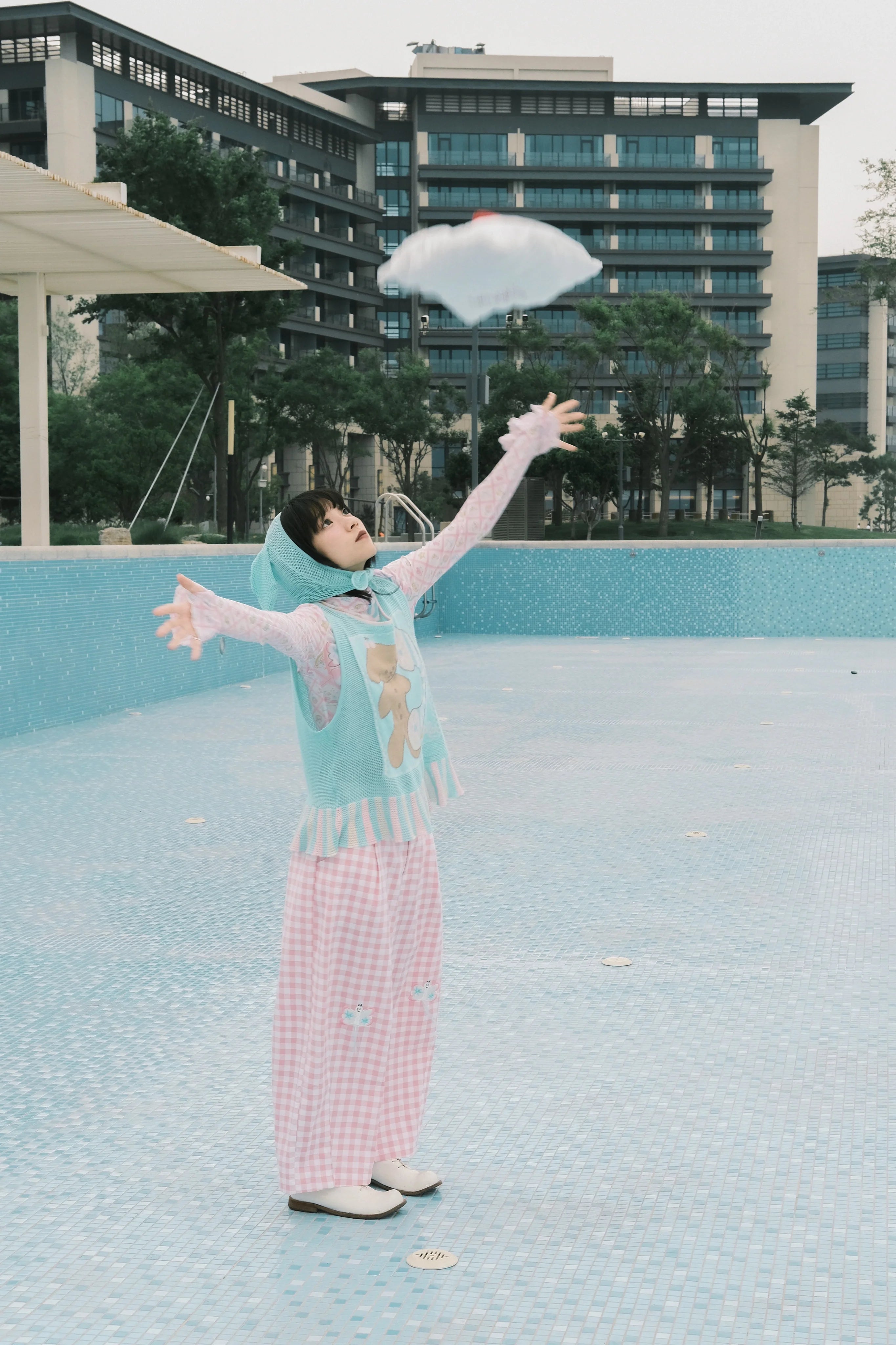 Pink Gingham Ghost Embroidered Wide Leg Pants