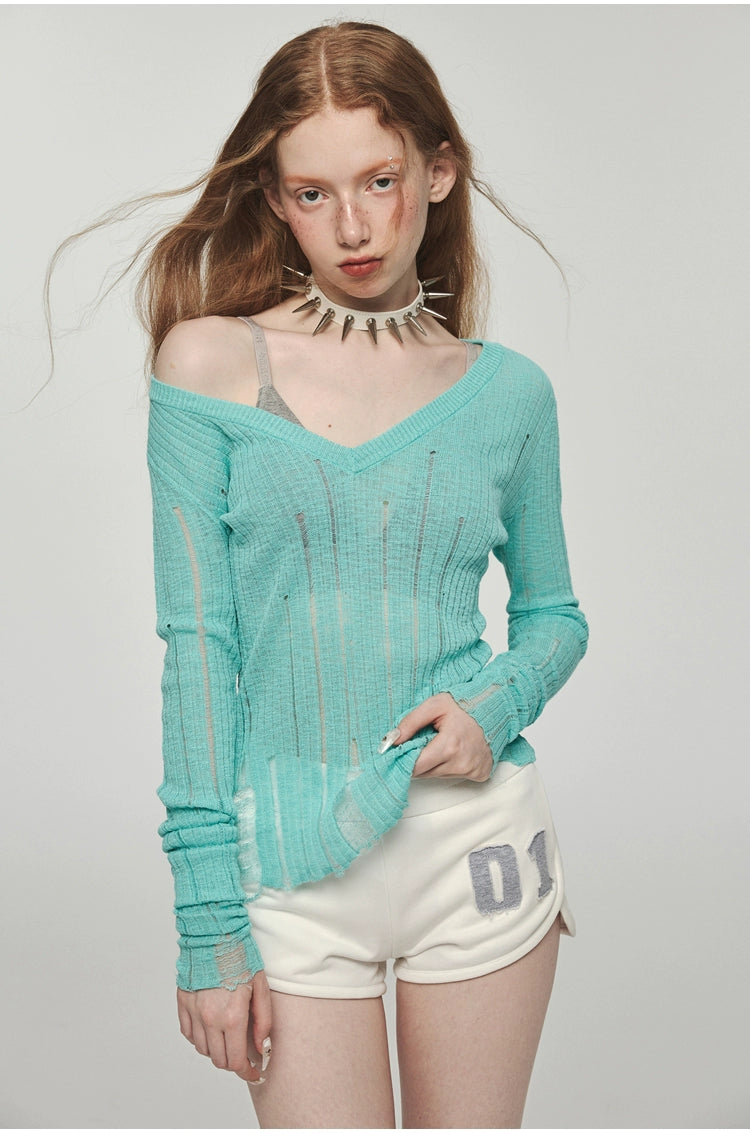 Hollow-Out V-Neck Thin Cardigan With Distressed Waist Knit Top - chiclara
