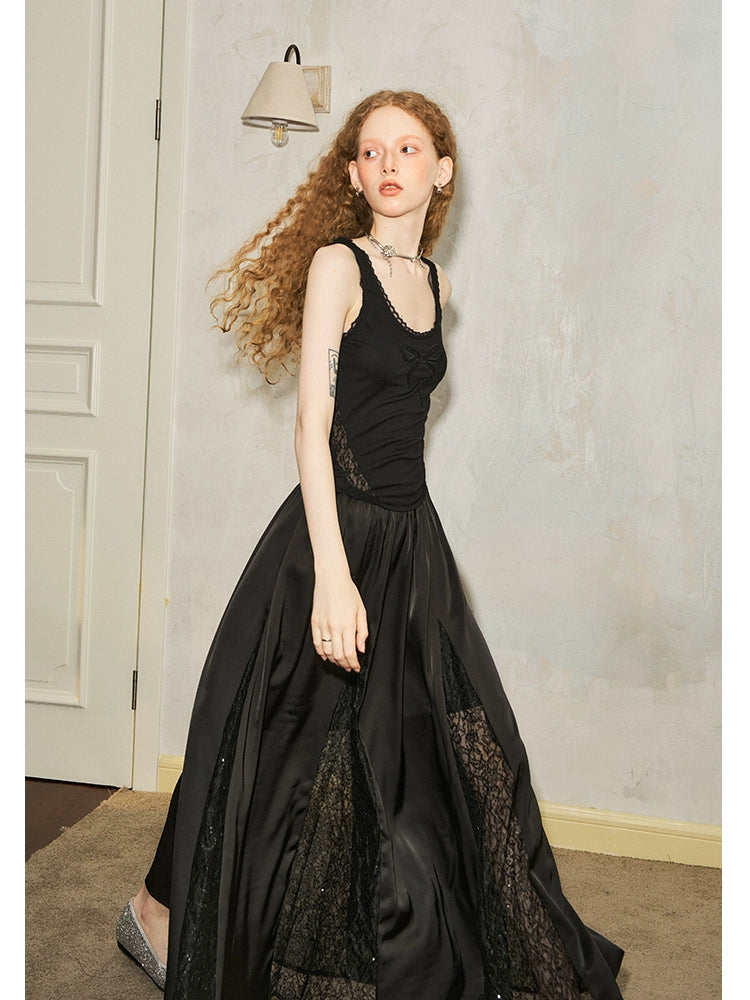 Embroidered A-Line Dress With Bow Detail And Strappy Design - chiclara