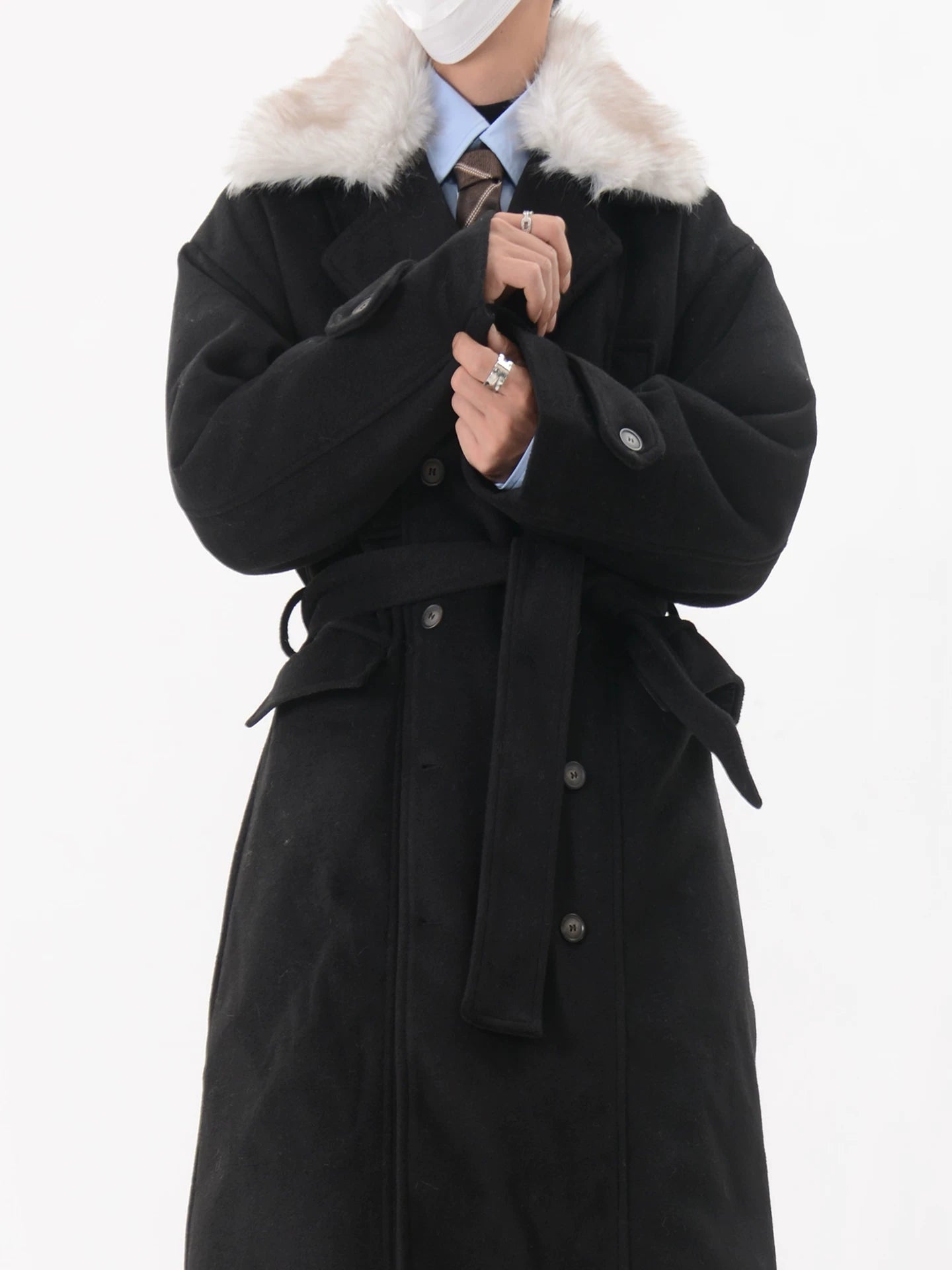 Black Faux Fur Collar Belted Long Coat