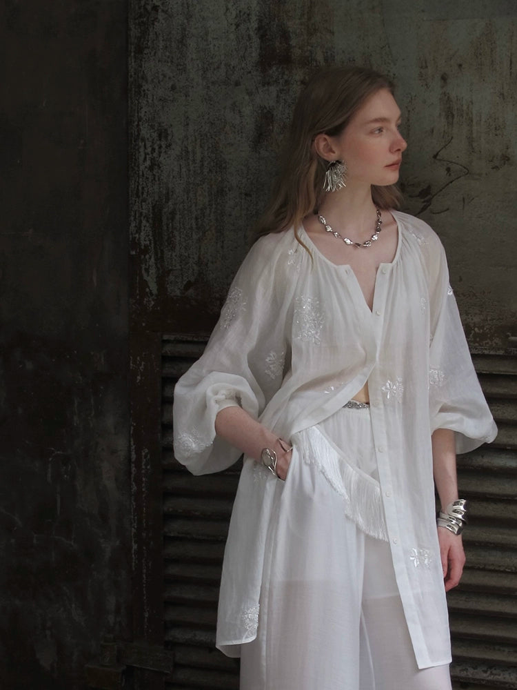 White Embroidered Button-Front Peasant Blouse