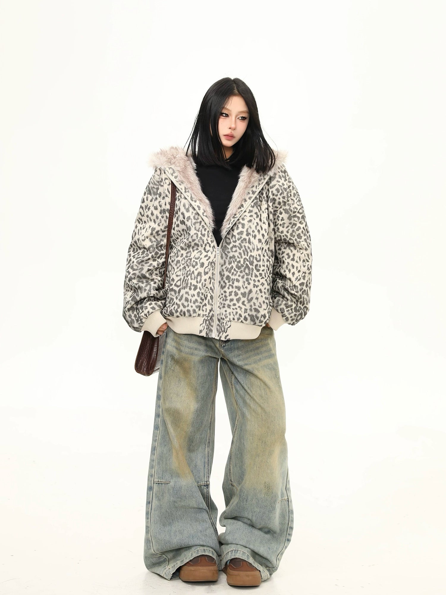 Snow Leopard Plush Zip Hoodie Jacket