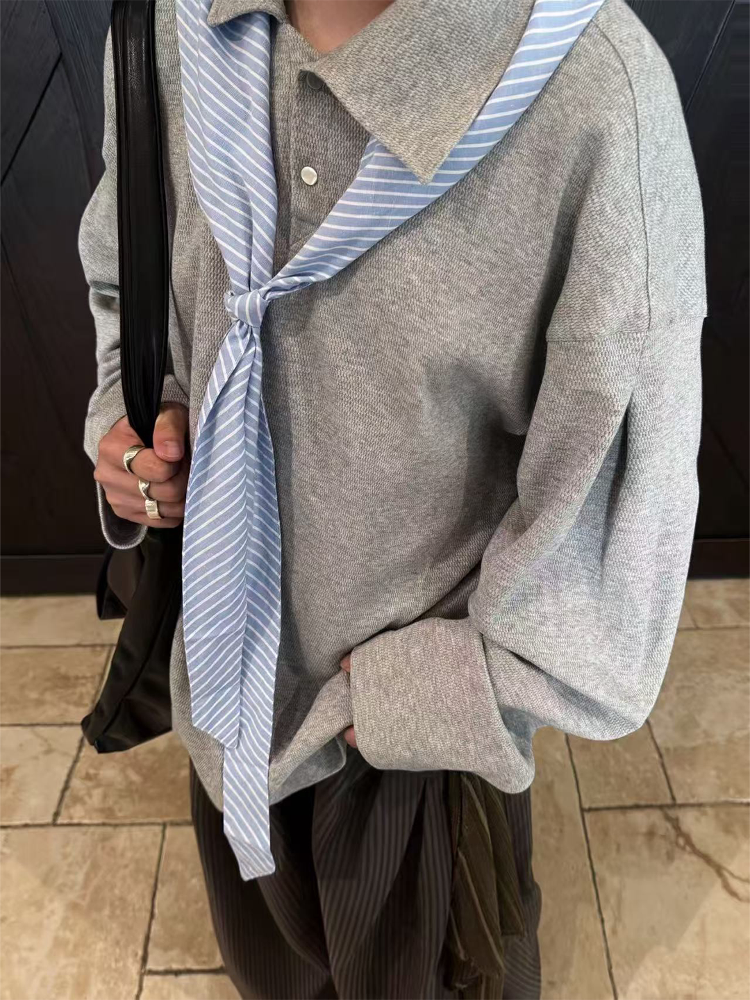 Striped Scarf Collar Oversized Sweatshirt