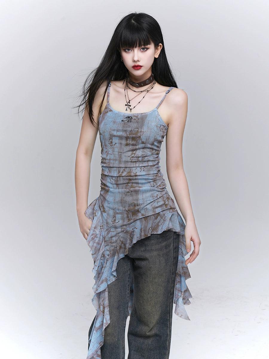 Ladyghost Grunge Fairy 비대칭 캐미 드레스 - 여성용 타이 다이 러칭 미니 드레스, 러플 밑단