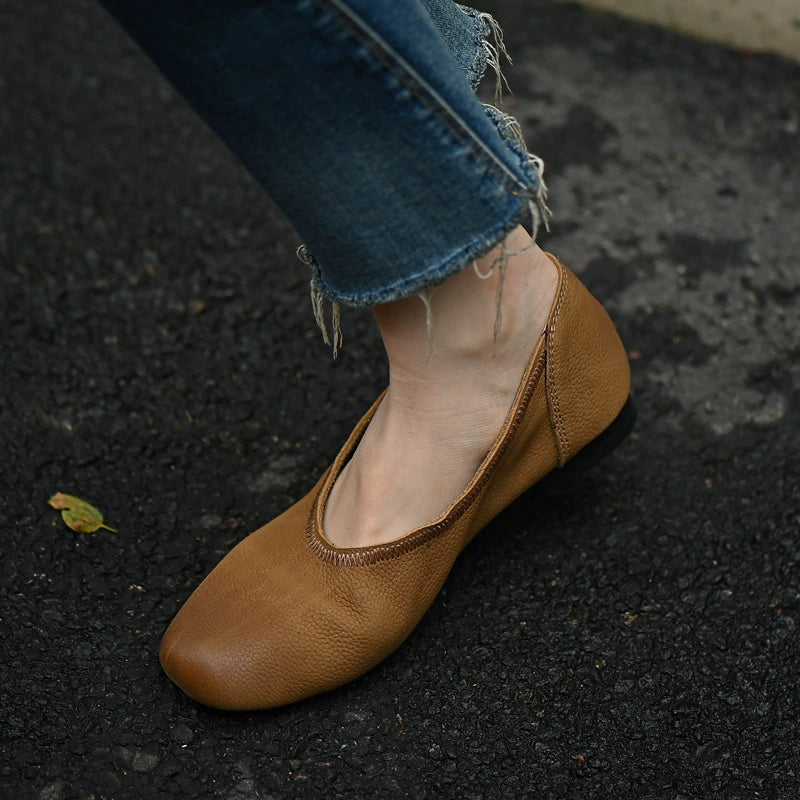 Brown Textured Leather Ballet Flat