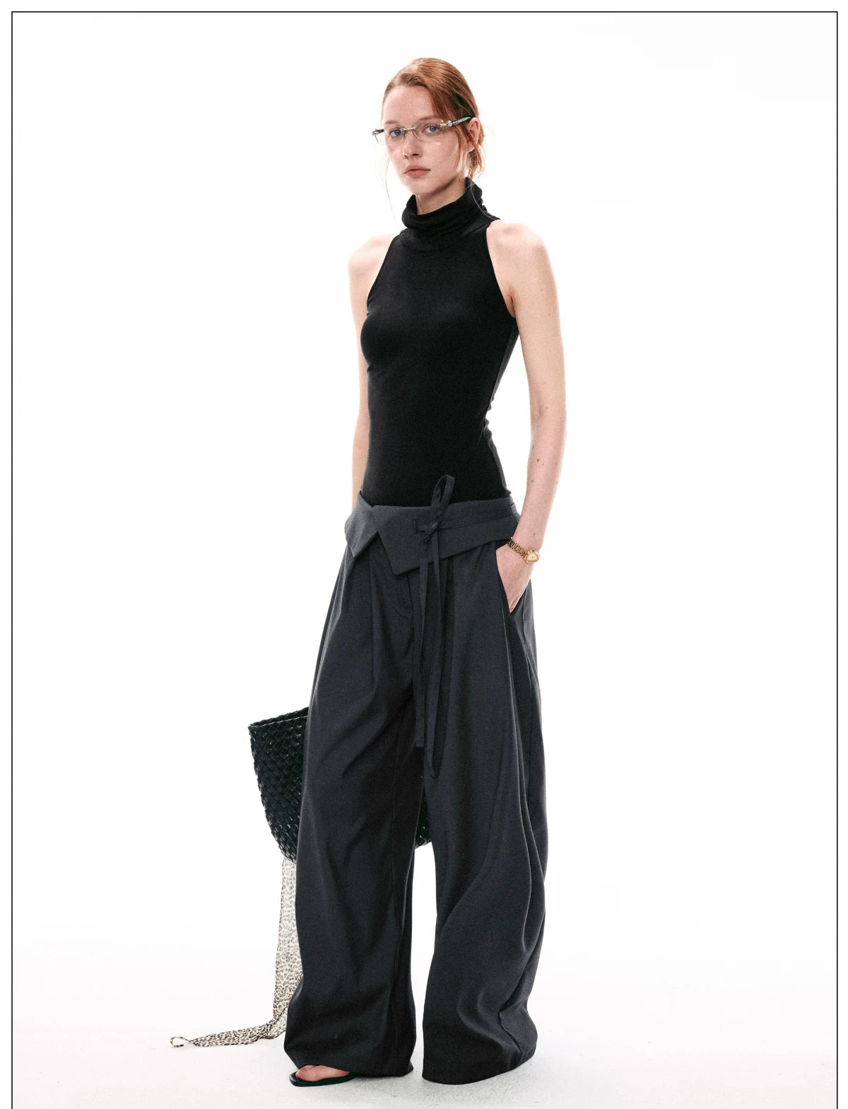 Foldover Tie-Waist Wide Trousers
