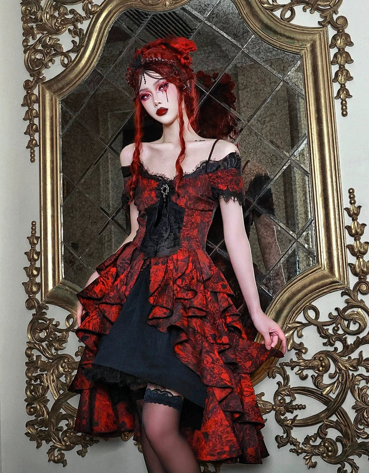 Gothic Red Layered Ruffle Ball Dress