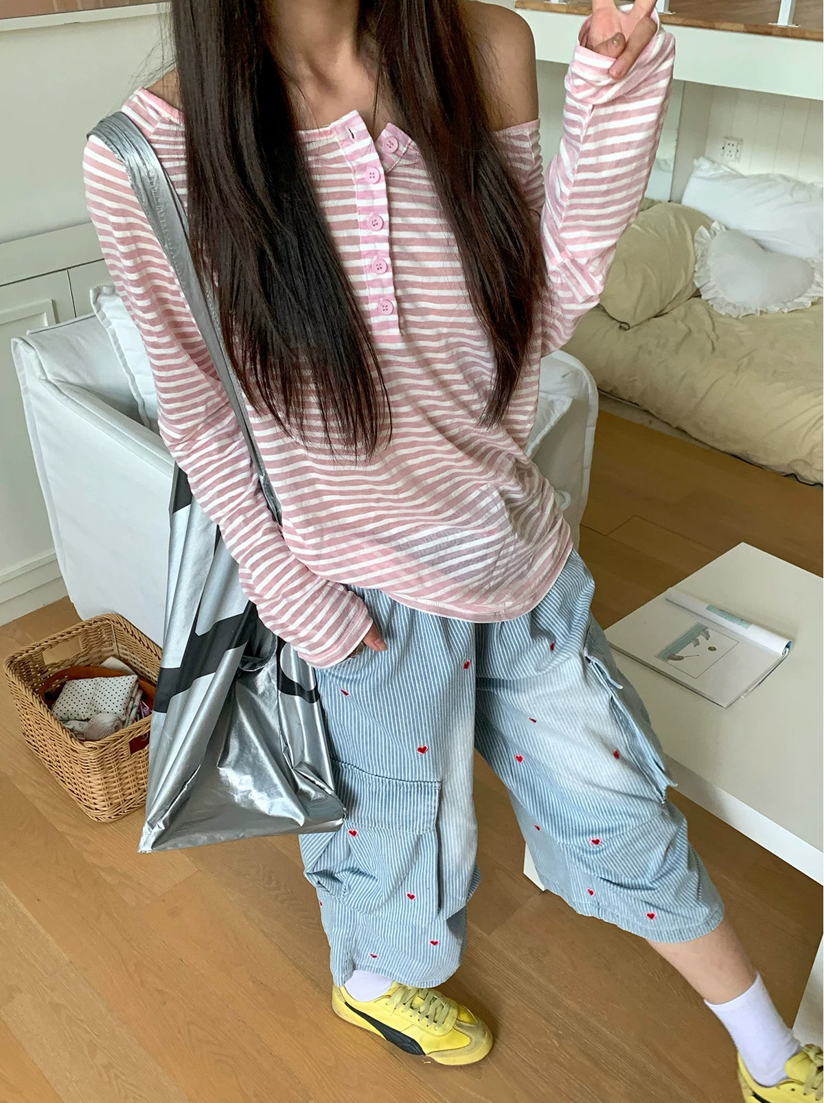 Blush Breeze Off‑Shoulder Stripe Tee