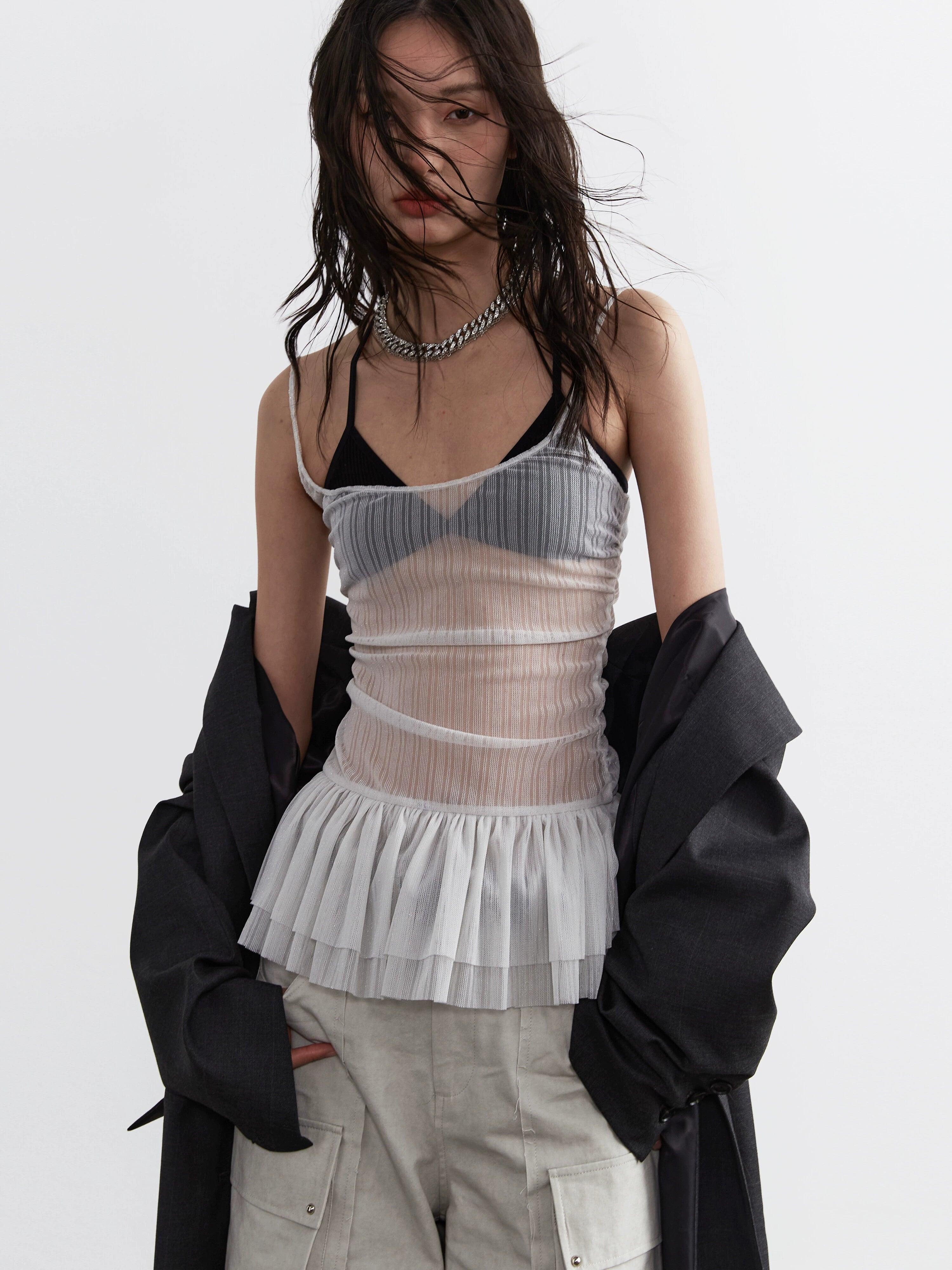 Jnylon Studio Sheer plisado Corsé Top - Mesh blanca de mujeres Ruched Ruched Bustier con falda de tul