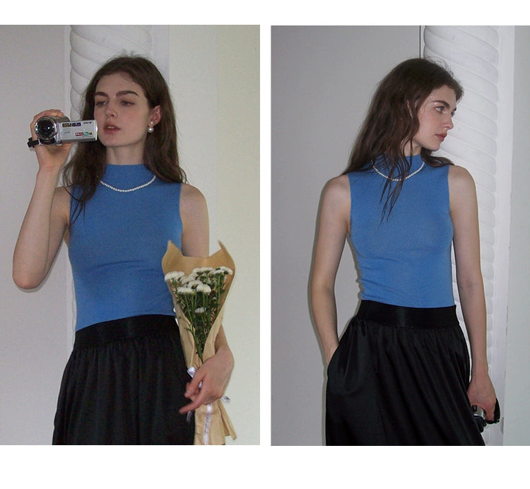French Semi-High Neck Wool Knit Seamless Blue Tank Top - chiclara