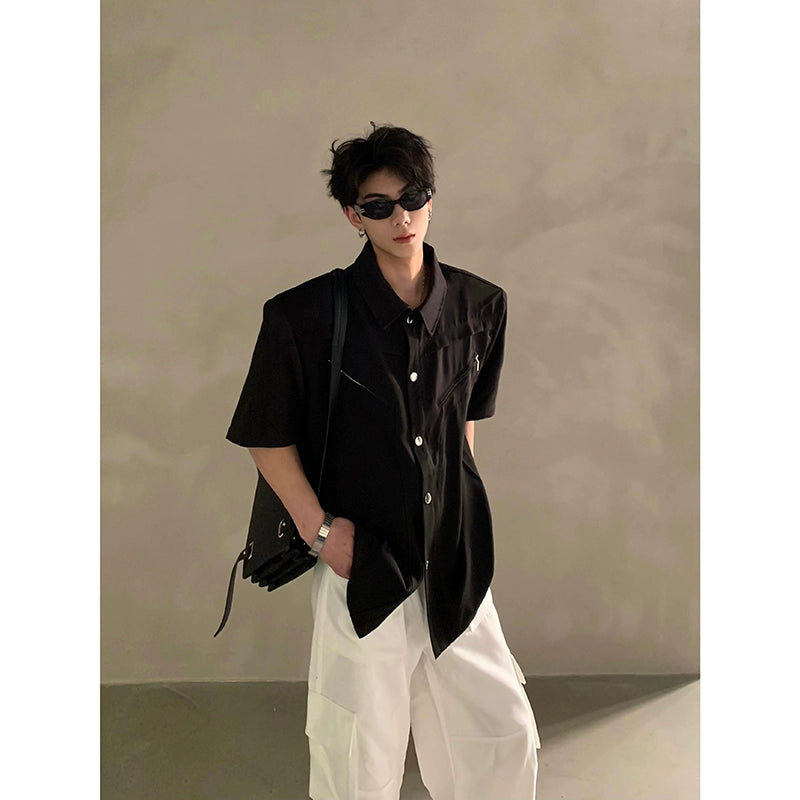 Black Short Sleeve Gem Collar Shirt