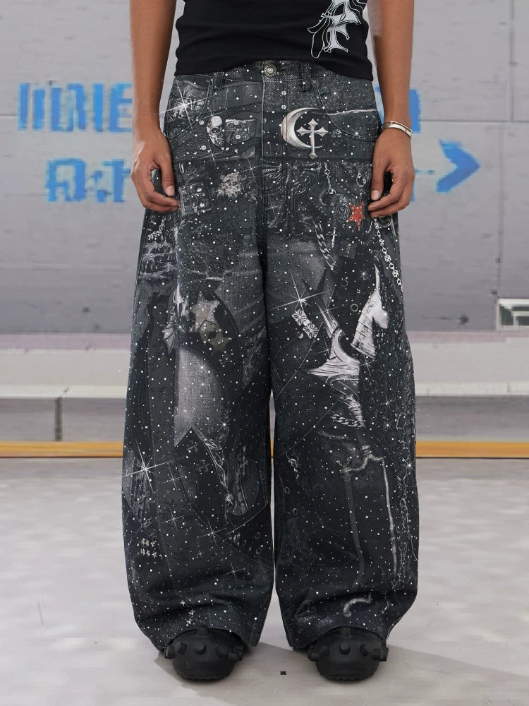 Gothic Collage Print Wide Leg Jeans
