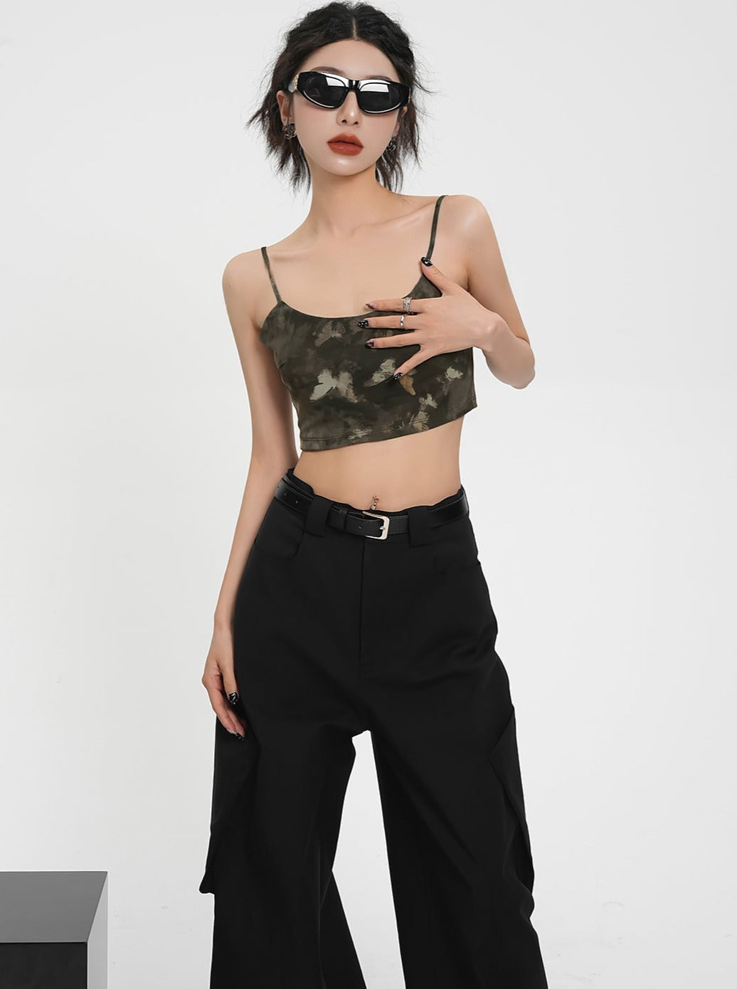 Tarndruck Maxi Slip -Kleid - Spaghetti -Gurtseite Schlitz -Camo -Kleid