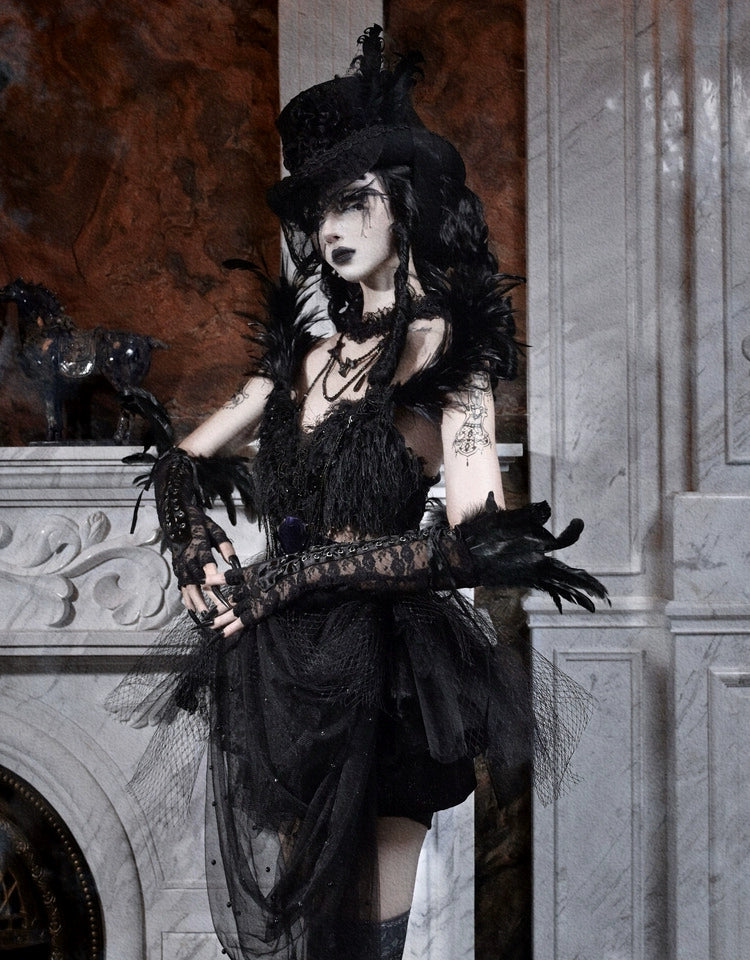 Gothic Black Swan Feather Tulle Corset Top