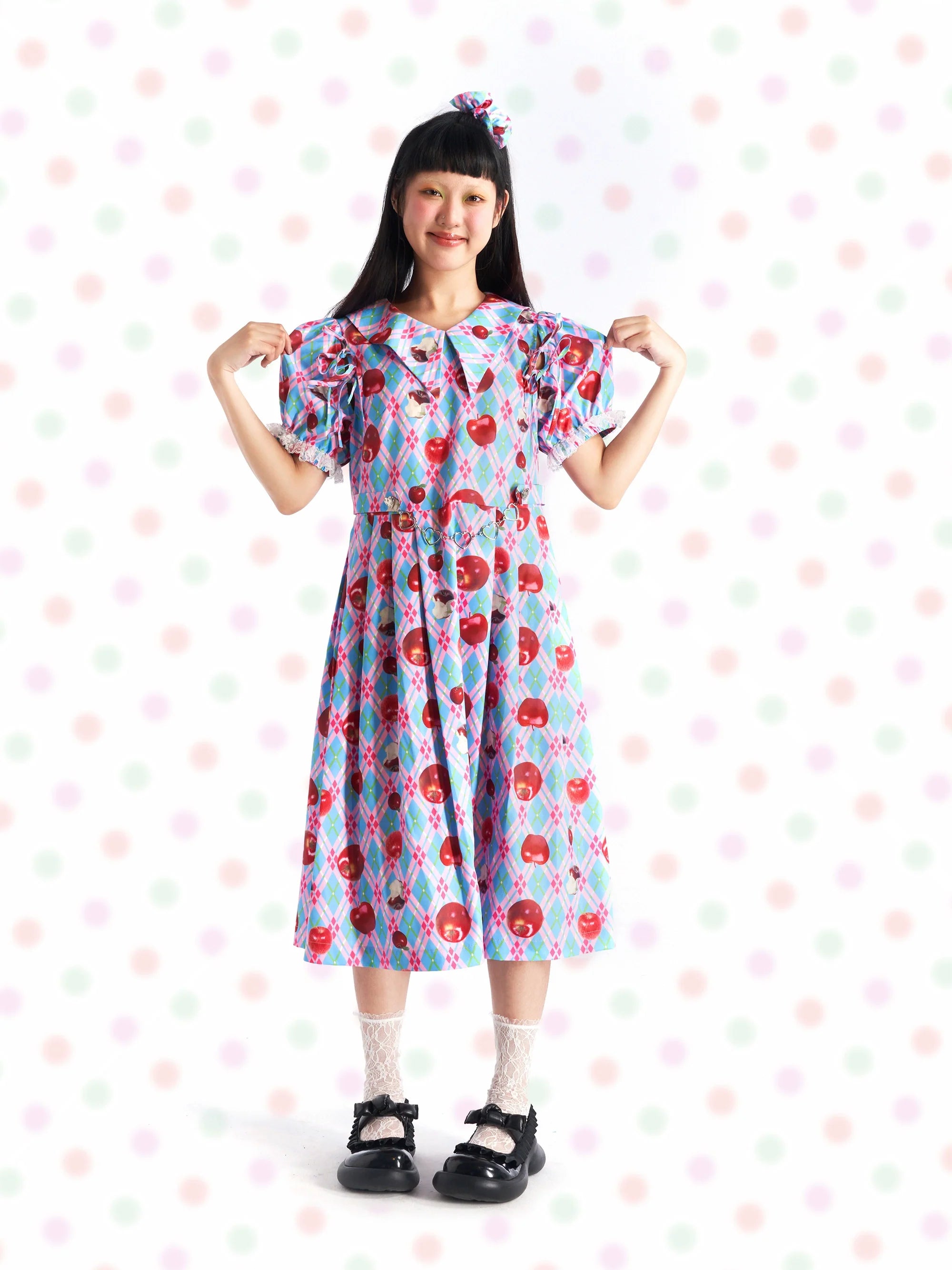 Blue and Pink Apple Print Collar Dress