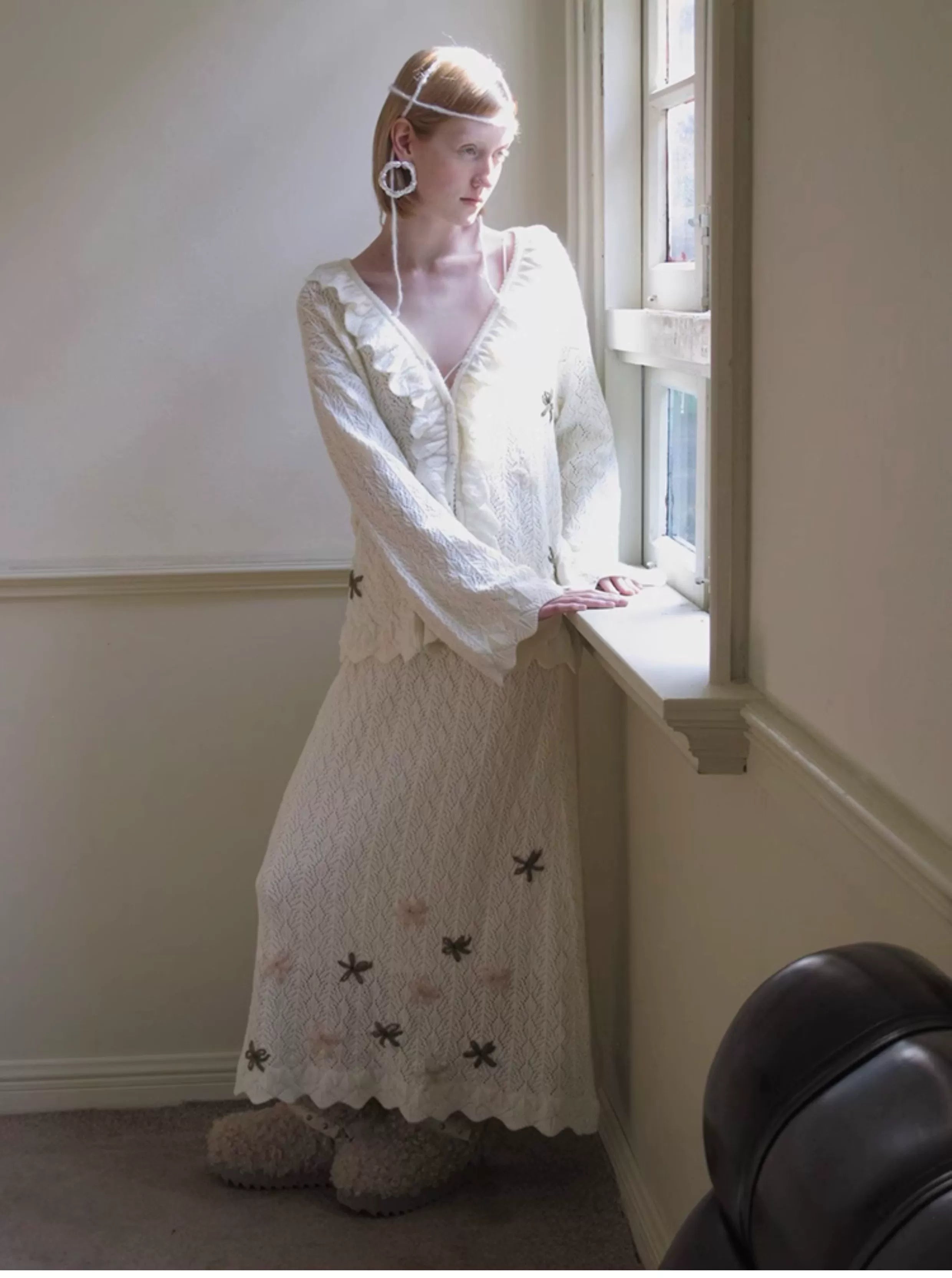 Embroidered Ruffle Trim Knit Cardigan and Skirt Setup