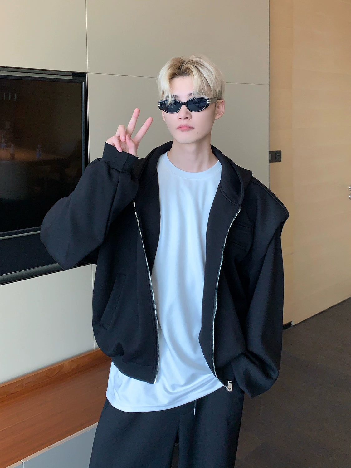 Shoulder-Padded Hoodie Jacket with Straight-Leg Pants Two-Piece Set