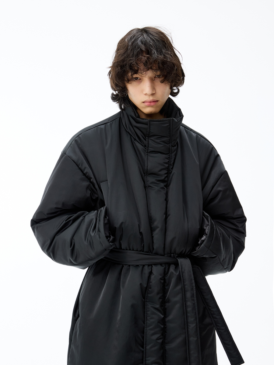 High Stand Collar Belted Long Puffer Coat