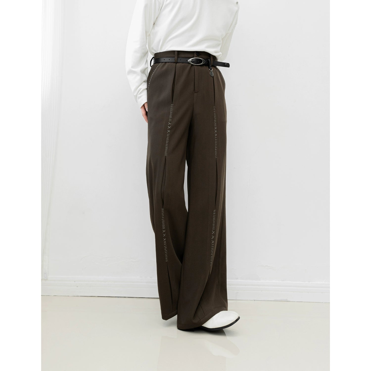 Wide-Leg Pants with Front Stitch Detailing