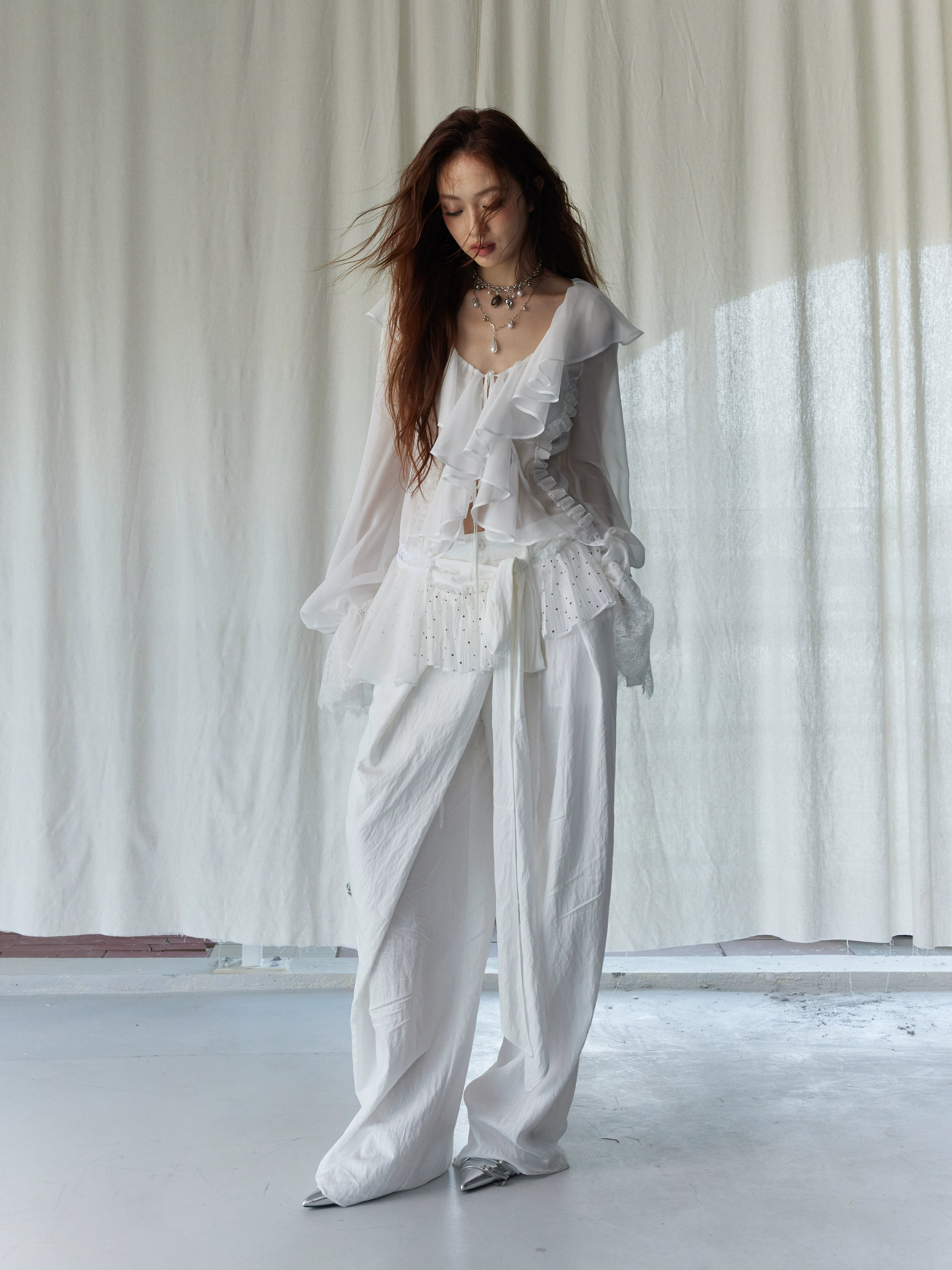 Ruffle Waist Wide-Leg Palazzo Pants