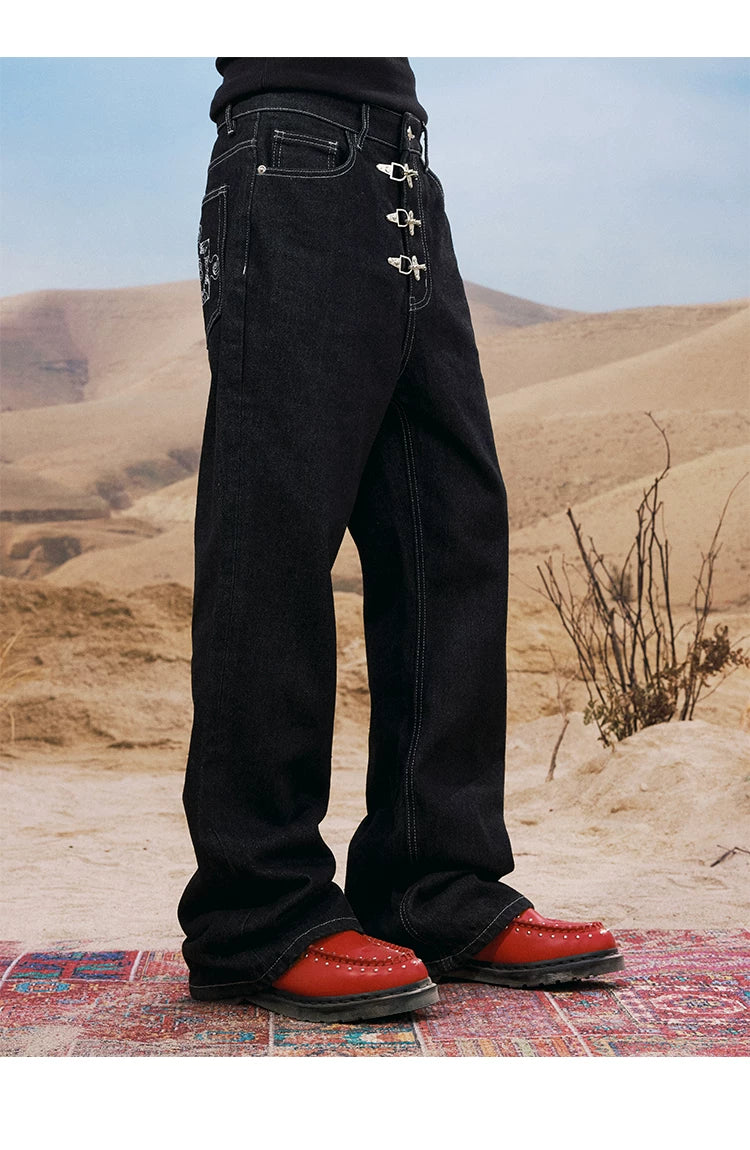 Buckle Embellished Wide Leg Jeans