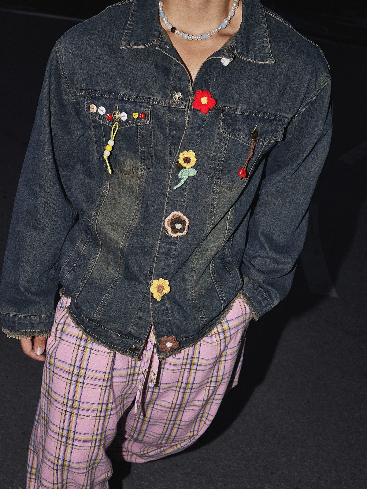 Night Bloom Floral Button Denim Jacket