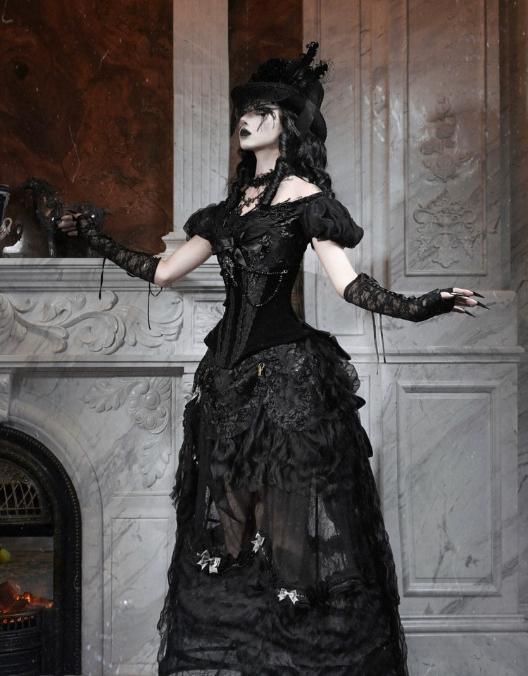 Gothic Black Lace Puff Sleeve Corset Top