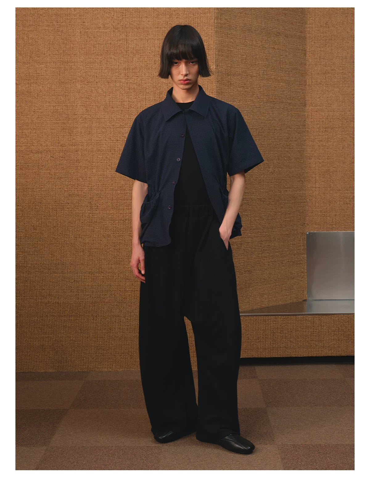 Textured Front Patch Pockets Short-Sleeve Shirt