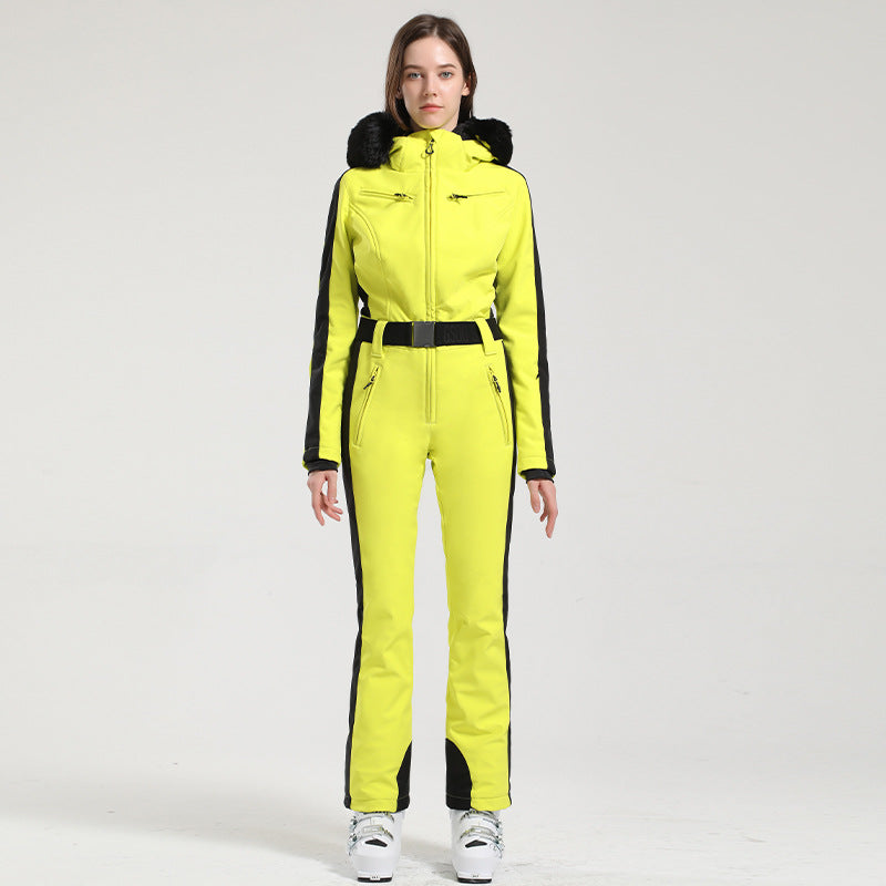 Belted One-Piece Ski Suits with Fur Hoods