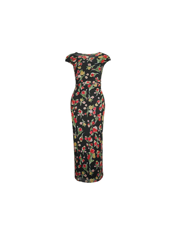 Black Floral Print Cap Sleeve Dress
