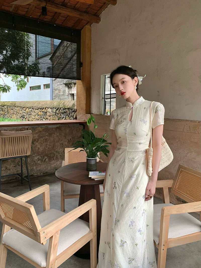 White Floral Chinese Collar Maxi Dress