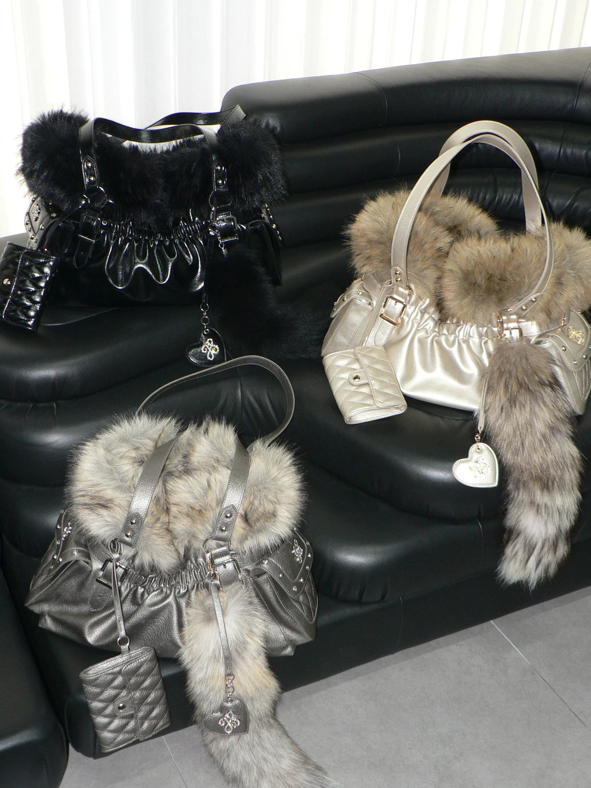 Golden Purr Luxe Faux‑Fur Charm Tote