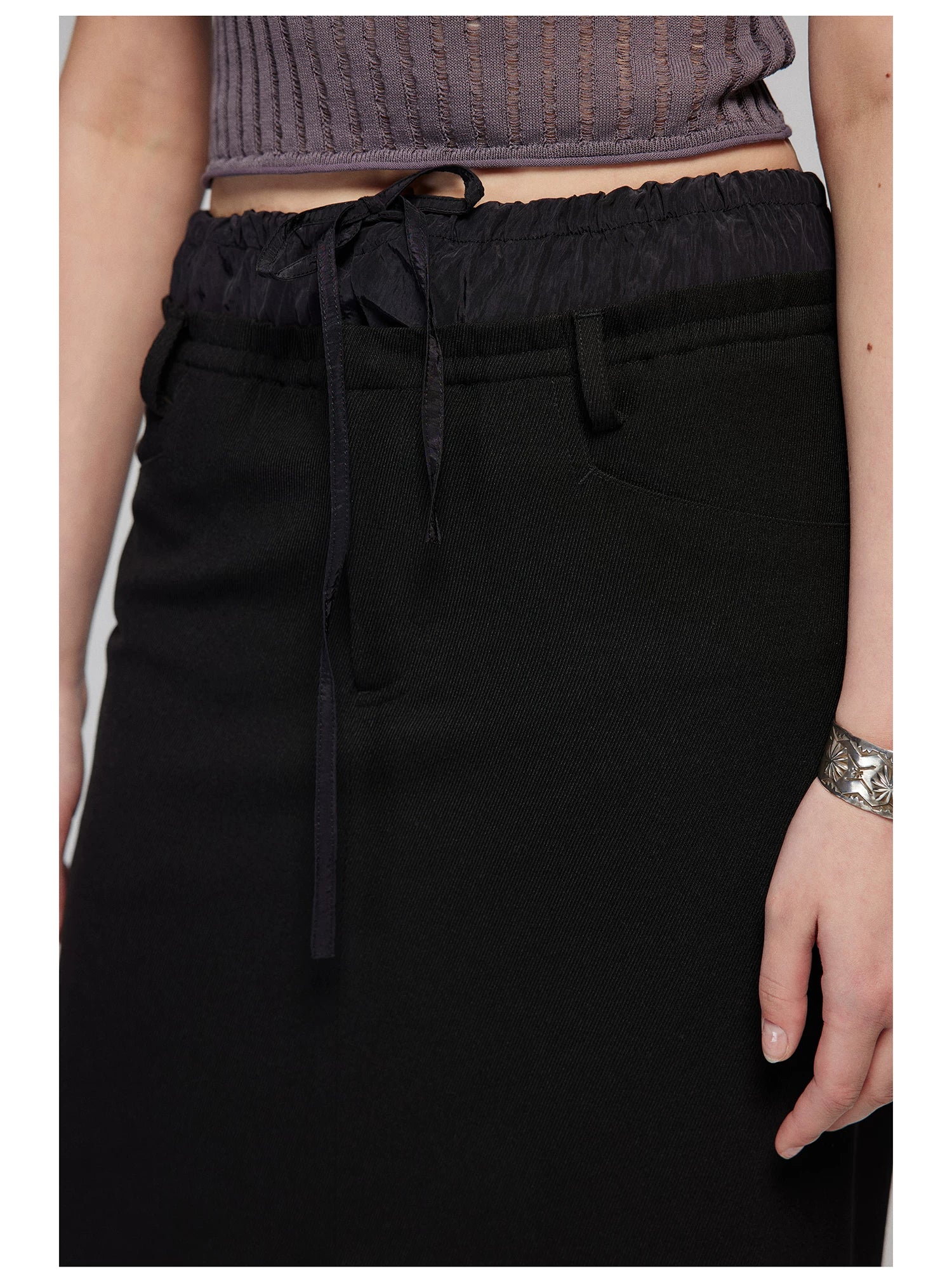 Layered Waist Front-Slit Midi Skirt